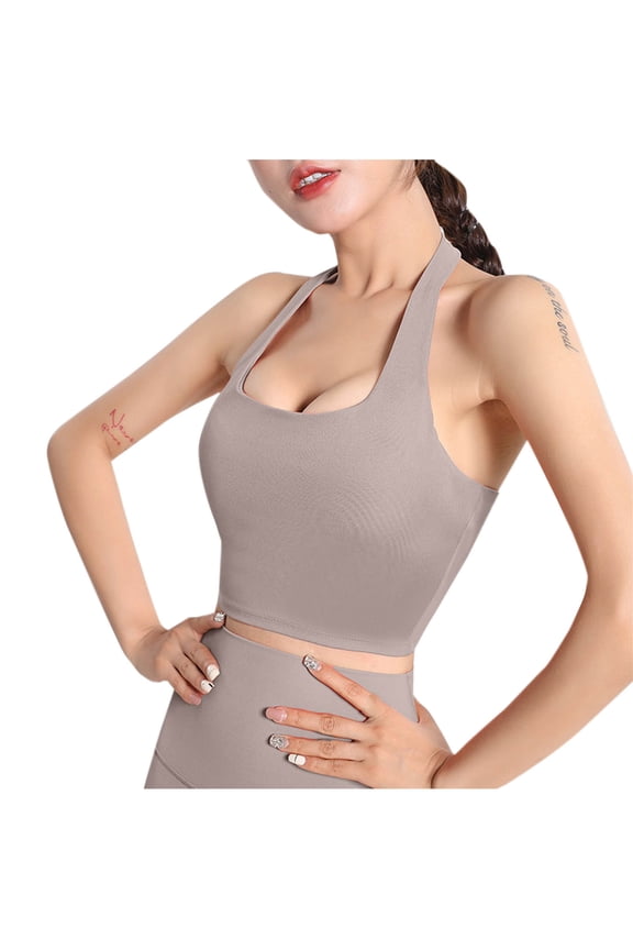 Women's Halter Bralettes Workout Sports Bra Open Back High Support Athletic Bras Square Neck Crop Tank Tops (Small,Khaki)