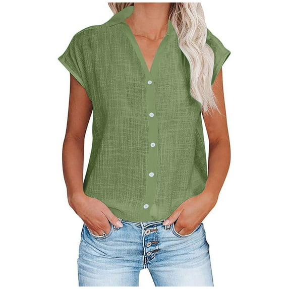 LbsKUS Womens Linen Button Down Shirts Causal Summer Laper V Neck Tops 2024 Fashion Loose Short Sleeve Tees Casual Solid Color Beach Cotton Tops,Green,L