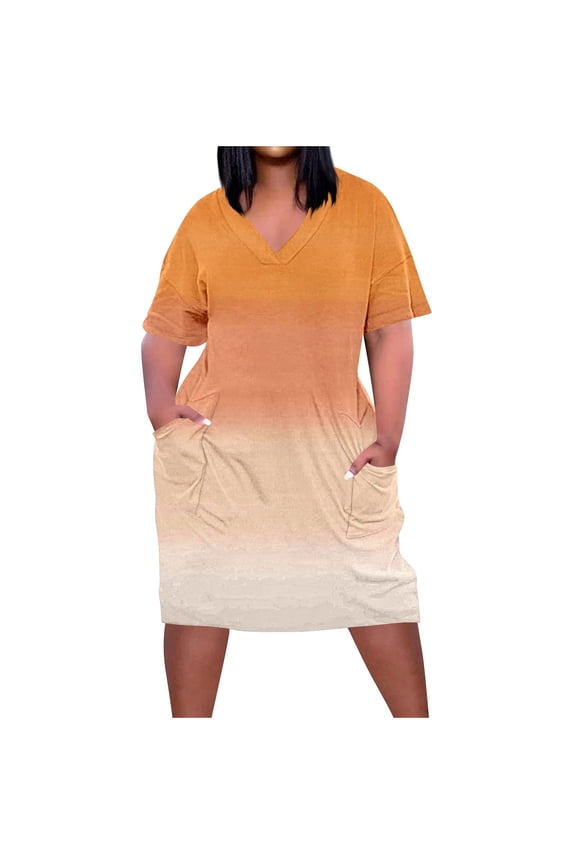 Womens Loose Fit Short Dresses Summer Athletic Plus Size T-Shirt Dress Basic Short Sleeve V Neck Blouson(Orange,XX-Large)