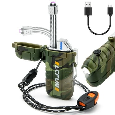 LcFun Electric Lighter USB Rechargeable Arc Lighter Windproof Plasma Lighters with LED Battery Display, Waterproof Electronic Flashlight Lighter with Whistle for Camping, Survival Tactical Gear