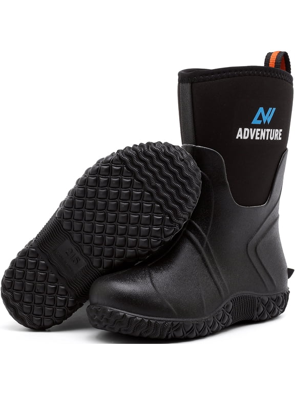 Kids Rain Boots for Boys, Girls Mid-Calf Rubber Mud Boots Waterproof Shoes Insulated Neoprene Rubber Boots, Non-Slip Sole, Easy-On for School, Garden, Farm, Outdoor Play,size 4 Big Kid,Black