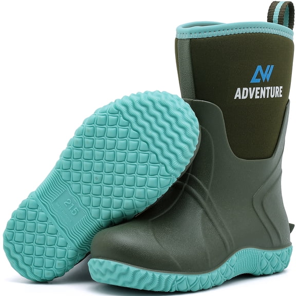 Lcamaw Kids Rain Boots for Boys, Girls Mid-Calf Rubber Mud Boots Waterproof Shoes Insulated Neoprene Rubber Boots, Non-Slip Sole, Easy-On for School, Garden, Farm, Outdoor Play,size 2 Big Kid,Green