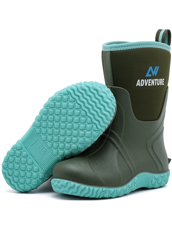 Kids Rain Boots for Boys, Girls Mid-Calf Rubber Mud Boots Waterproof Shoes Insulated Neoprene Rubber Boots, Non-Slip Sole, Easy-On for School, Garden, Farm, Outdoor Play,size 5 Big Kid,Green