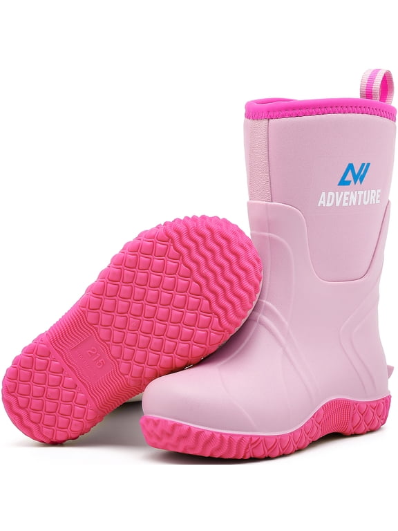 Kids Rain Boots for Boys, Girls Mid-Calf Rubber Mud Boots Waterproof Shoes Insulated Neoprene Rubber Boots, Non-Slip Sole, Easy-On for School, Garden, Farm, Outdoor Play,size 7 Big Kid,Pink