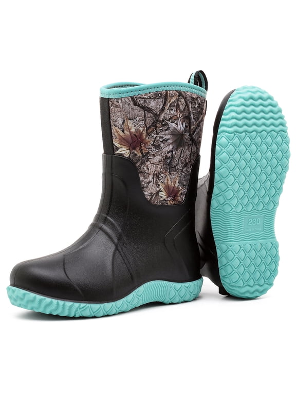 Women's Mid‑Calf Rubber Rain Boots, Waterproof Anti‑Slip Garden Rain Shoes with Comfortable Insole, Lightweight Outdoor Camo Work Mud Boots, Size 9