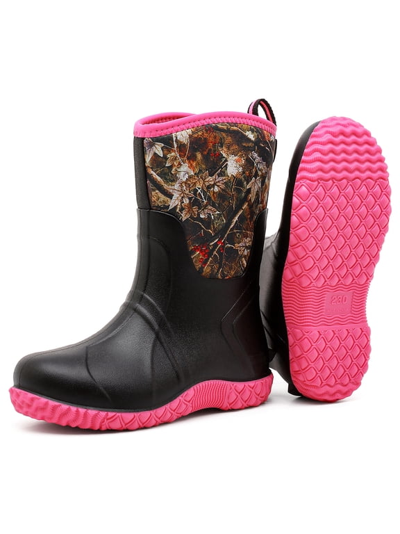 Women's Mid‑Calf Rubber Rain Boots, Waterproof Anti‑Slip Garden Rain Shoes with Comfortable Insole, Lightweight Outdoor Camo Work Mud Boots, Size 9