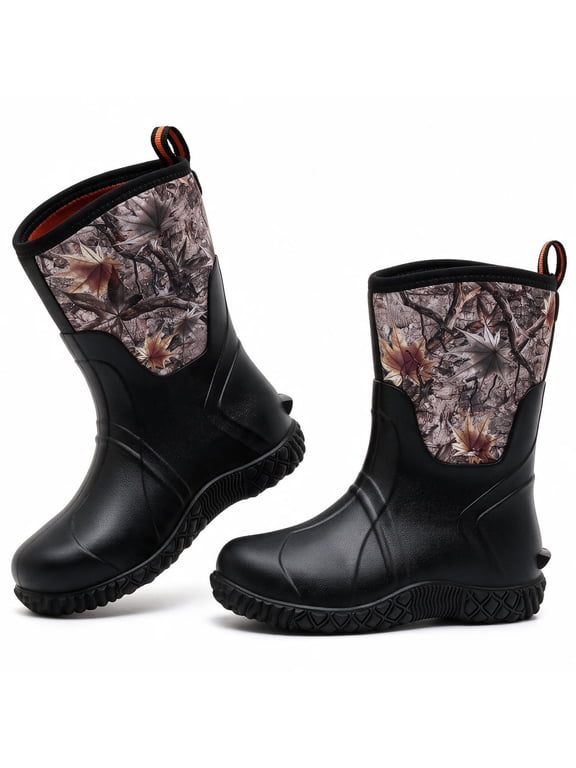 Kids Rain Boots, Waterproof Insulated Mid-Calf Rubber Boots for Boys Girls, Outdoor Play, Black Little Kid Size 13