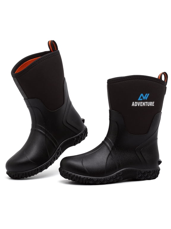 Women's Rain Boots, Waterproof Insulated Rubber Boots, Anti-Slip Mid-Calf Mud Garden Shoes, Black, Size 9