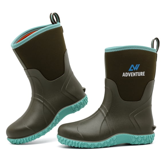 Lcamaw Women's Rain Boots, Waterproof Insulated Rubber Mud Boots, Anti-Slip Mid-Calf Garden Shoes for Fishing, Hunting, Outdoor Work, Green, Size 5