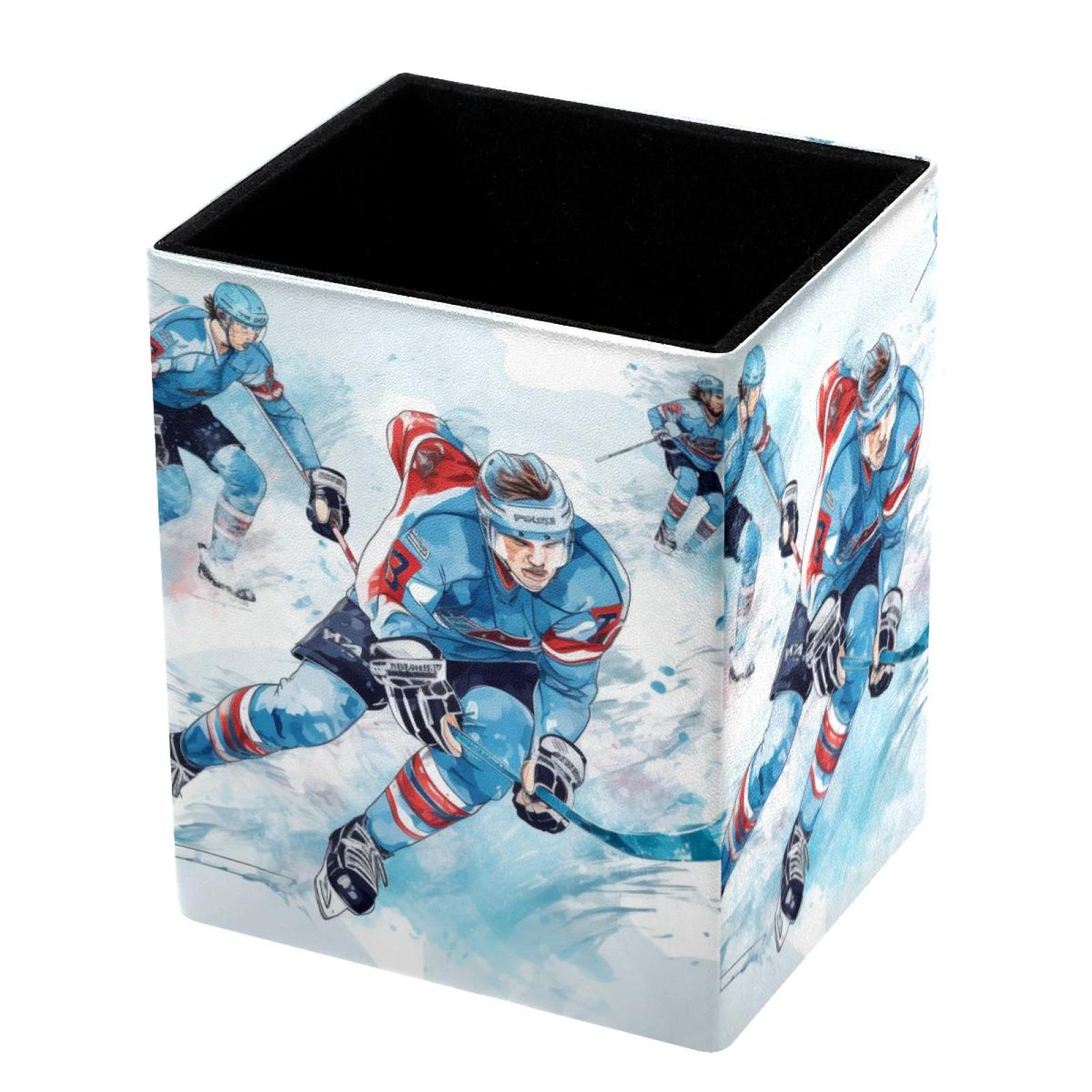 Lce Hockey Square PVC Leather Printed Pencil Organizer with Brush Holder, Cylinder Pen Holder
