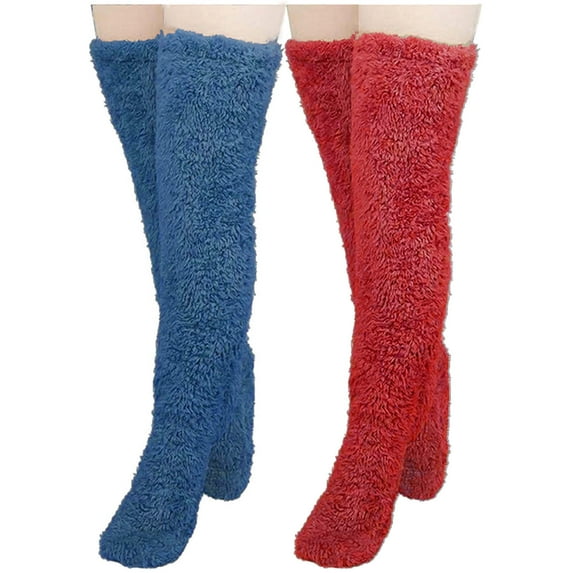 LckLvx 2 Pairs Fuzzy Socks for Women Over Knee High Soft Warm Plush Slipper Socks Winter Indoor Sleeping Home Socks