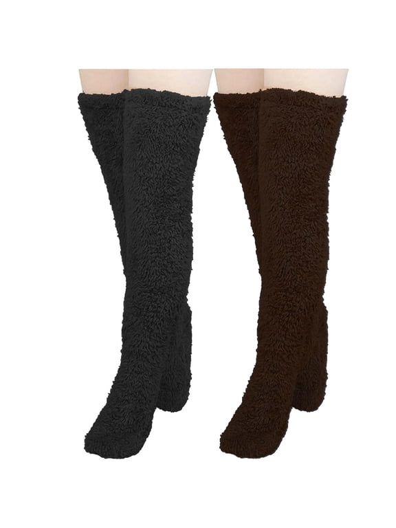 2 Pairs Fuzzy Socks for Women Over Knee High Soft Warm Plush Slipper Socks Winter Indoor Sleeping Home Socks