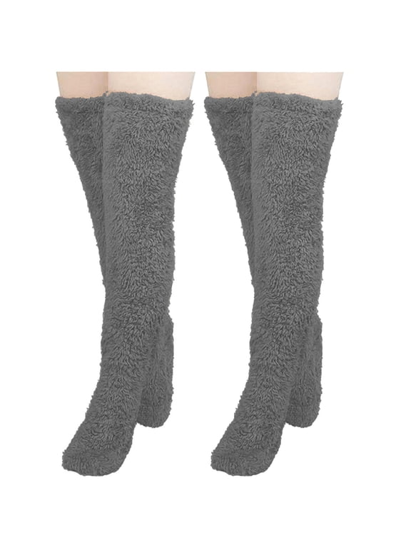 2 Pairs Fuzzy Socks for Women Over Knee High Soft Warm Plush Slipper Socks Winter Indoor Sleeping Home Socks