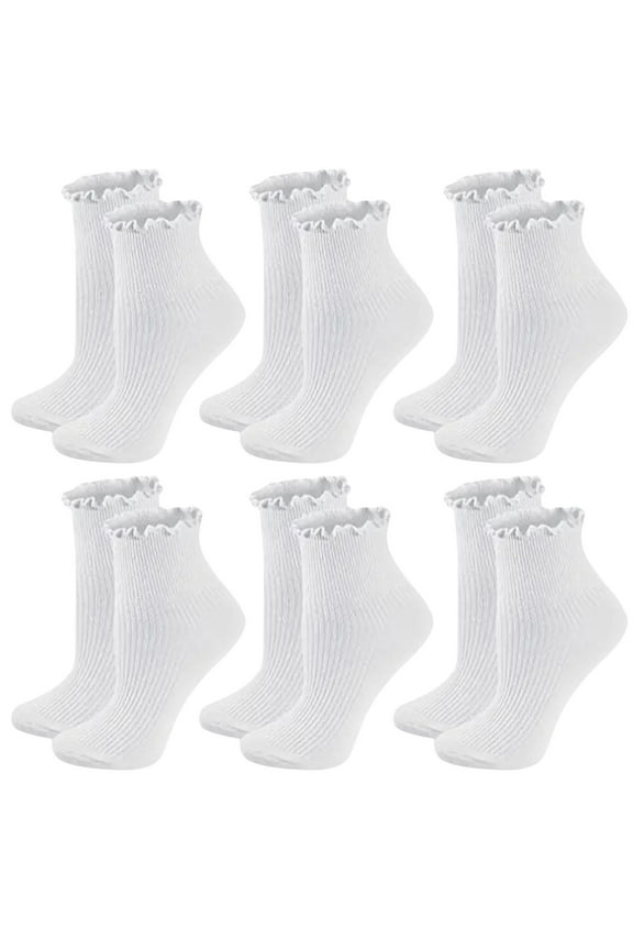 6 Pairs Ruffle Socks for Woman Lightweight Breathable Knit Frilly Ankle Socks Solid Color Daily Dress Socks
