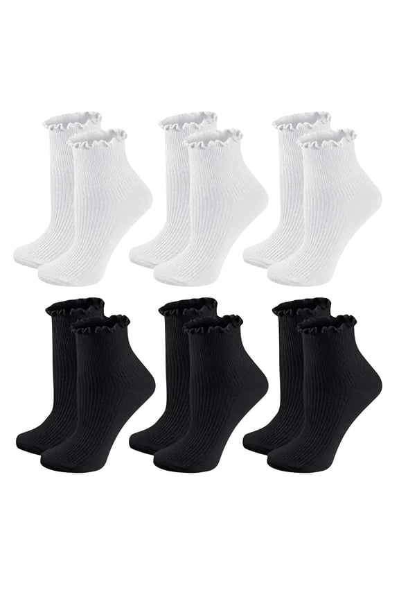 6 Pairs Ruffle Socks for Woman Lightweight Breathable Knit Frilly Ankle Socks Solid Color Daily Dress Socks