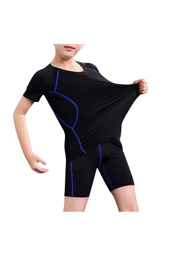 Boys Swimsuit 2 Piece Stretchy Pullover Short Sleeve Tops and Swim Short Set Swimwear 3-15 Years