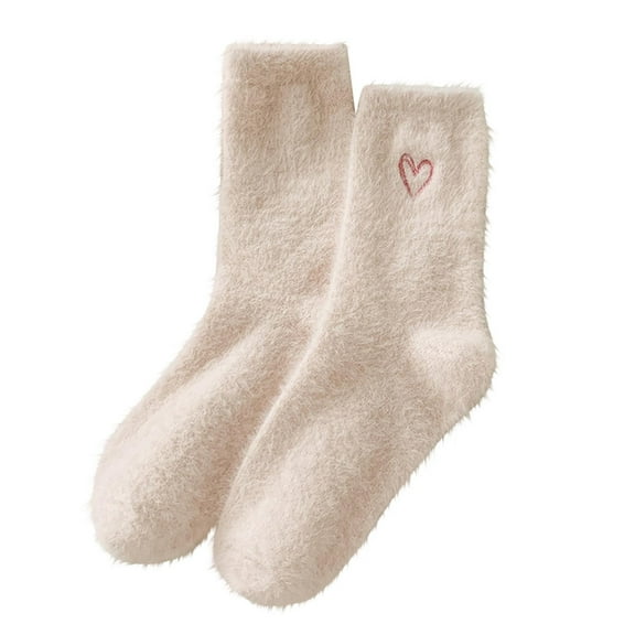 LckLvx Fuzzy Socks For Women Winter Warm Soft Fleece Home Sleeping Socks Cute Embroidered Heart Print Mid-Calf Socks