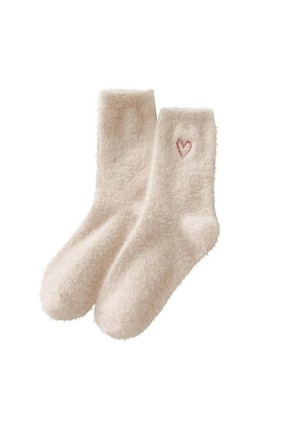 Fuzzy Socks For Women Winter Warm Soft Fleece Home Sleeping Socks Cute Embroidered Heart Print Mid-Calf Socks