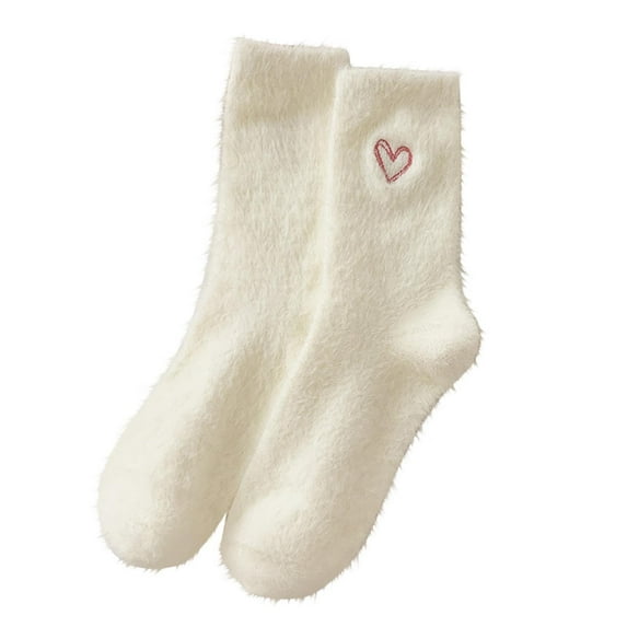 LckLvx Fuzzy Socks For Women Winter Warm Soft Fleece Home Sleeping Socks Cute Embroidered Heart Print Mid-Calf Socks