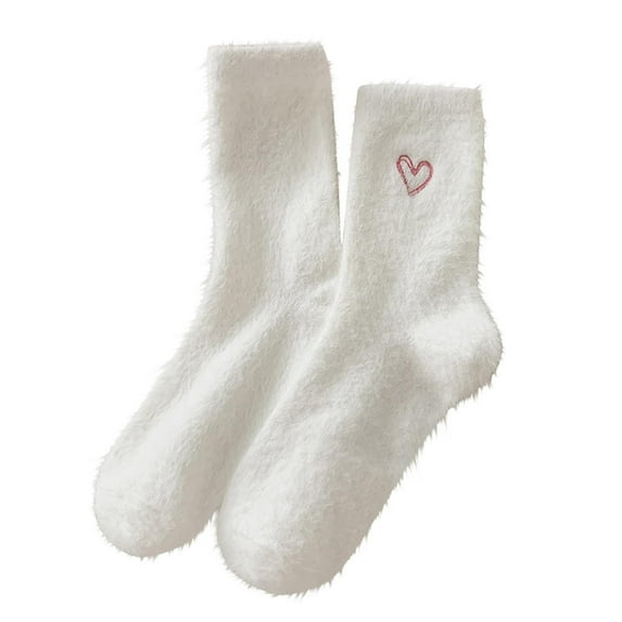 LckLvx Fuzzy Socks For Women Winter Warm Soft Fleece Home Sleeping Socks Cute Embroidered Heart Print Mid-Calf Socks