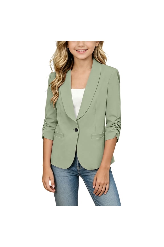 Girls Blazer Jacket Single Button 3/4 Sleeve Collared Formal Suit Coat Graduation Outwear