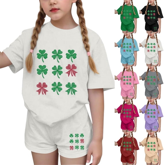 LckLvx Girls Boys St Patricks Outfit Cute Shamrock Graphic Short Sleeve T-Shirt and Shorts Kids Casual 2 Piece Outfit