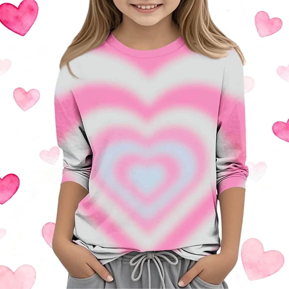 LckLvx Girls Tie Dye T Shirts Long Sleeve Heart Graphic Valentine Tee Tops 3/4 Sleeve Crewneck Blouses