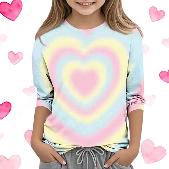 LckLvx Girls Tie Dye T Shirts Long Sleeve Heart Graphic Valentine Tee Tops 3/4 Sleeve Crewneck Blouses