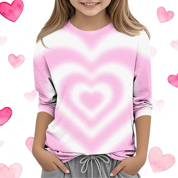LckLvx Girls Tie Dye T Shirts Long Sleeve Heart Graphic Valentine Tee Tops 3/4 Sleeve Crewneck Blouses