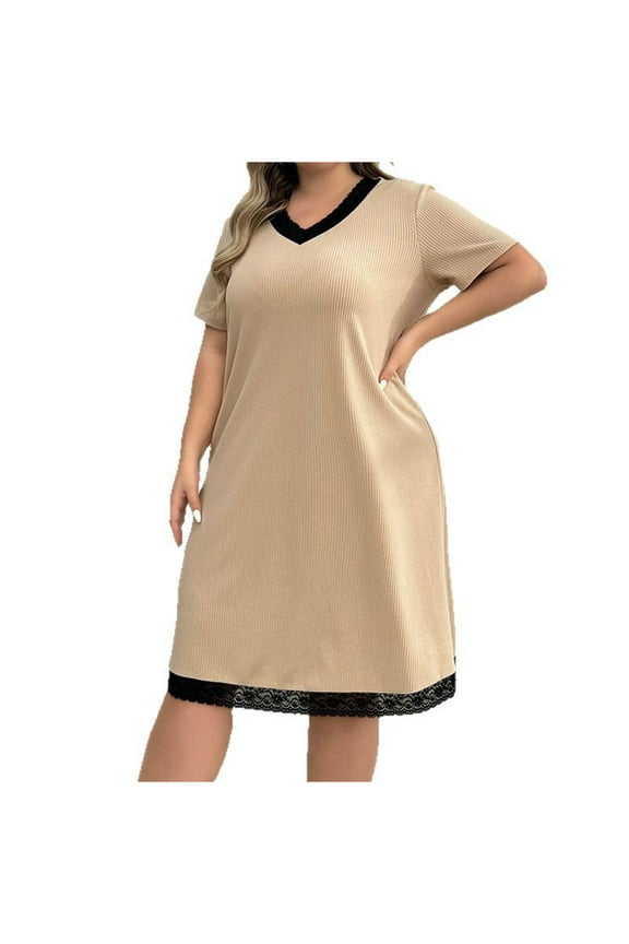 Lounge Dresses for Women Casual V Neck Home Sleep Short Sleeve Lace Trim Shirt Comfy Nightgowns