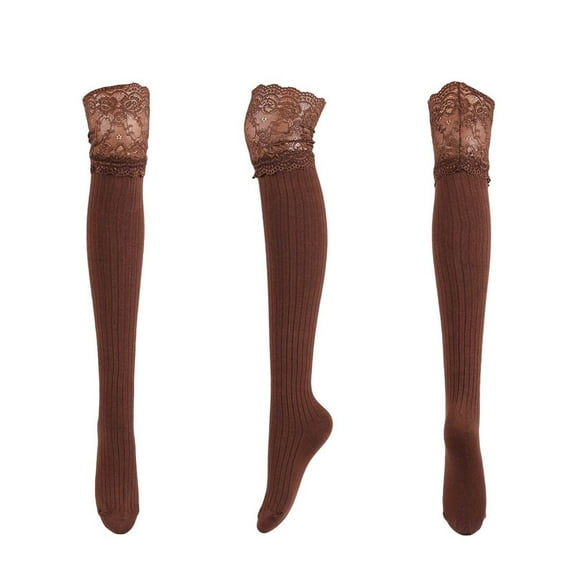 LckLvx Thigh High Socks for Women Solid Color Lace Trim Over the Knee Socks Ribbed Knit Long Stocking