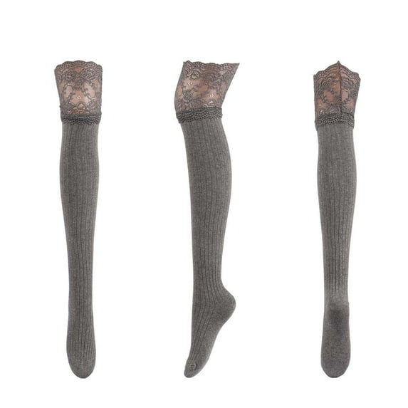 LckLvx Thigh High Socks for Women Solid Color Lace Trim Over the Knee Socks Ribbed Knit Long Stocking