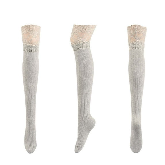 LckLvx Thigh High Socks for Women Solid Color Lace Trim Over the Knee Socks Ribbed Knit Long Stocking