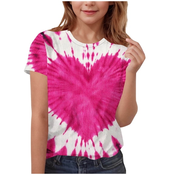 LckLvx Valentine Shirts for Girls Trendy Cute Tie Dye Short Sleeve T-Shirts Heart Print Casual Round Neck Blouse Tops