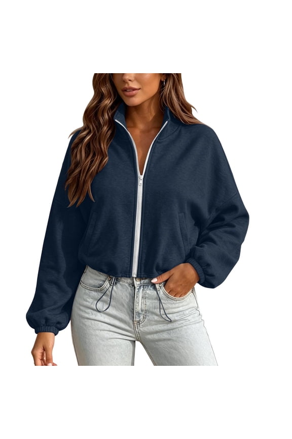 Women's Crop Sweatshirt Zip Up Long Sleeve Collared Drawstring Hem Casual Coat with Pockets