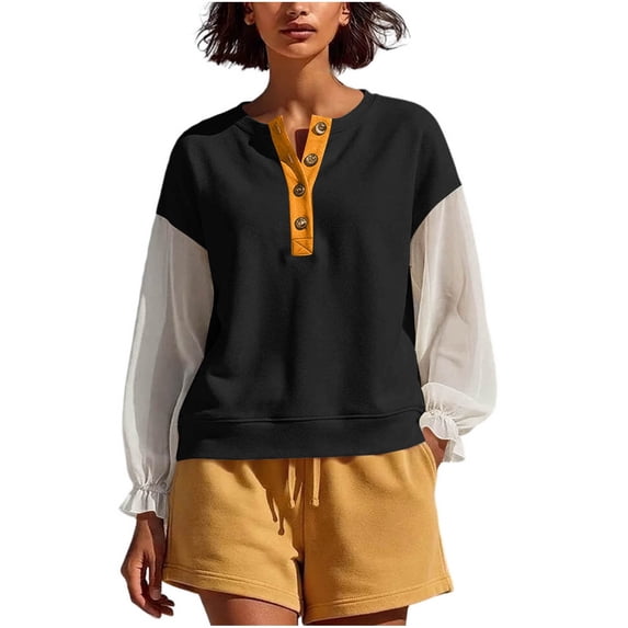 LckLvx Women's Sweatshirt Ruffle Long Sleeve Button Up Patchwork Tops Fall Travel Outfits