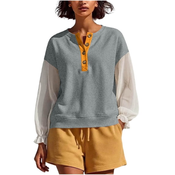 LckLvx Women's Sweatshirt Ruffle Long Sleeve Button Up Patchwork Tops Fall Travel Outfits