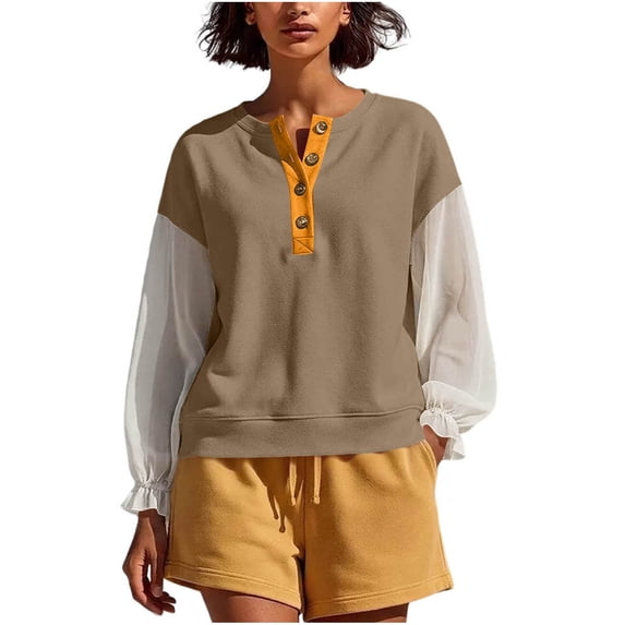 LckLvx Women's Sweatshirt Ruffle Long Sleeve Button Up Patchwork Tops Fall Travel Outfits