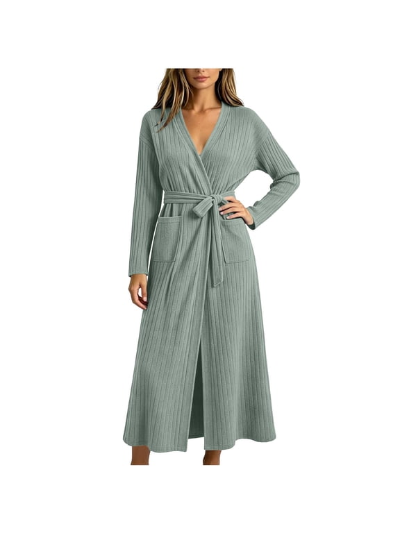 Womens Bathrobe Ribbed Knit Full Length Wrap Robes with Pockets for Daily Lounge Wear