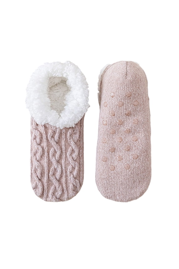 Womens Fleece Slipper Socks Thick Knitted Fuzzy Lined Socks Winter Non-Slip Home Floor Slippers with Grippers