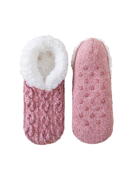 Womens Fleece Slipper Socks Thick Knitted Fuzzy Lined Socks Winter Non-Slip Home Floor Slippers with Grippers