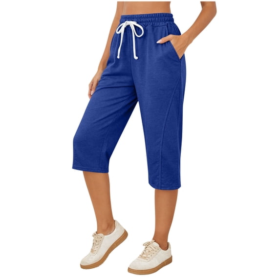 Lcklvx Women's Workout Capris Shorts Summer Drawstring Waist Athletic Running Pants with Pockets