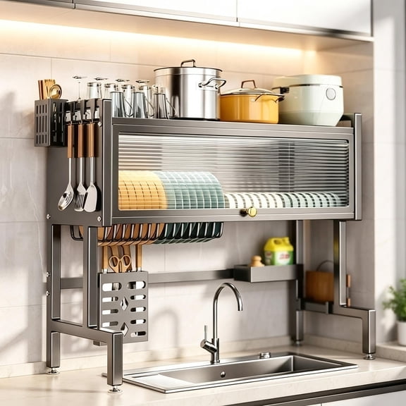 Lcndkf Carbon Steel Sink Over Dish Rack Large Capacity Plate Slot HShape Support Kitchen Counter Storage Holder