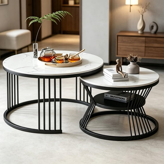 Lcndkf Faux Marble Round Nesting Coffee Table 2 Pack Black Metal Wire Frame Household Storage End Table for Living Room