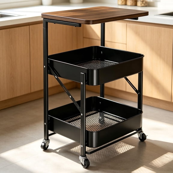 Lcndkf Folding 3 Tier Rolling Cart with Tabletop, Under Desk Printer Stand Cart