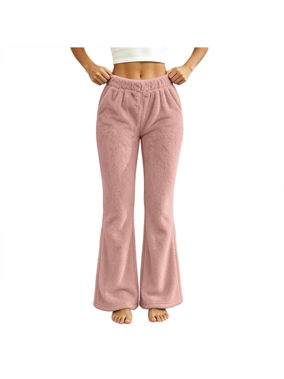 Pajama Pants for Women Fleece Flare Pants Cozy Pull On Loungewear Fuzzy Bell Bottoms Winter Fall Pjs(Pink,Large)