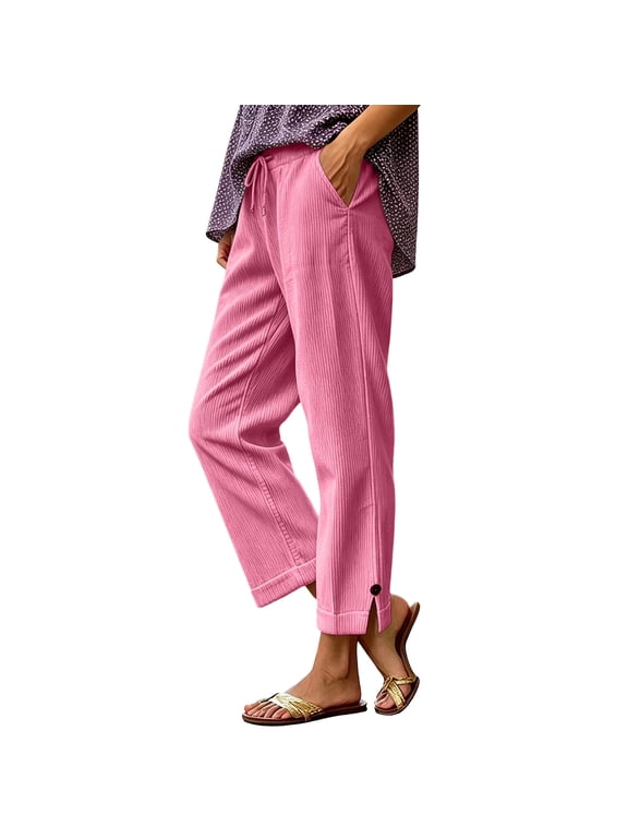 Womens Straight Leg Corduroy Pants Drawstring Cropped Lounge Pants Side Split Loose Pants with Decor Buttons(Pink,Small)