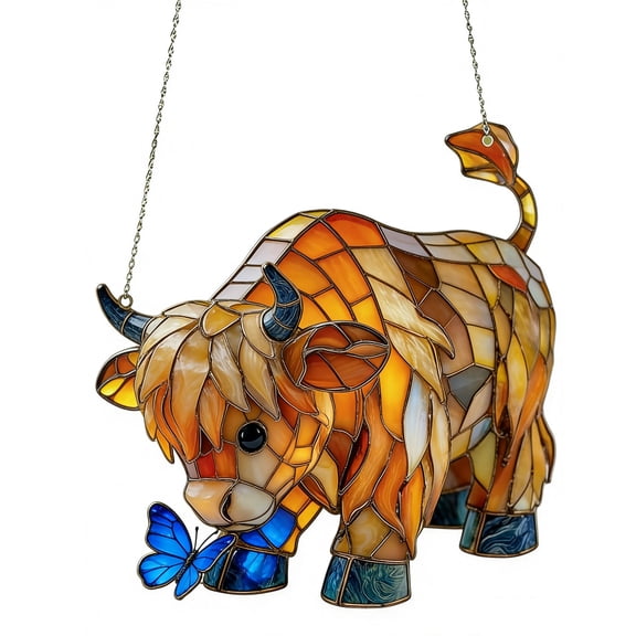 Lcxifdre Highland Cow Butterfly Suncatcher with Amber Tones, Stained Glass Style Window Hanging, Farm Animal Sun Catcher Ornament for Home Garden Farmhouse Decor D