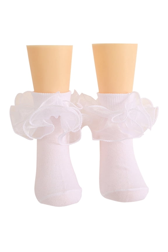 Cotton 6 Pack Girls Ruffle Turn Cuff Socks, Double Lace Frilly Dress Socks for Kids