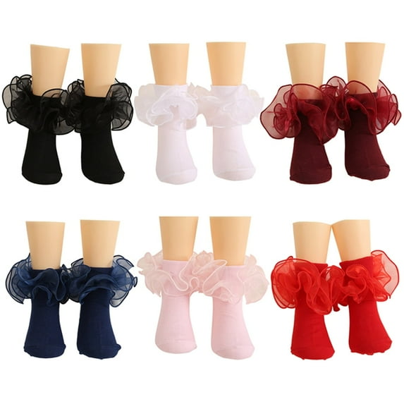 Lcxweerr Cotton 6 Pack Girls Ruffle Turn Cuff Socks, Double Lace Frilly Dress Socks for Kids